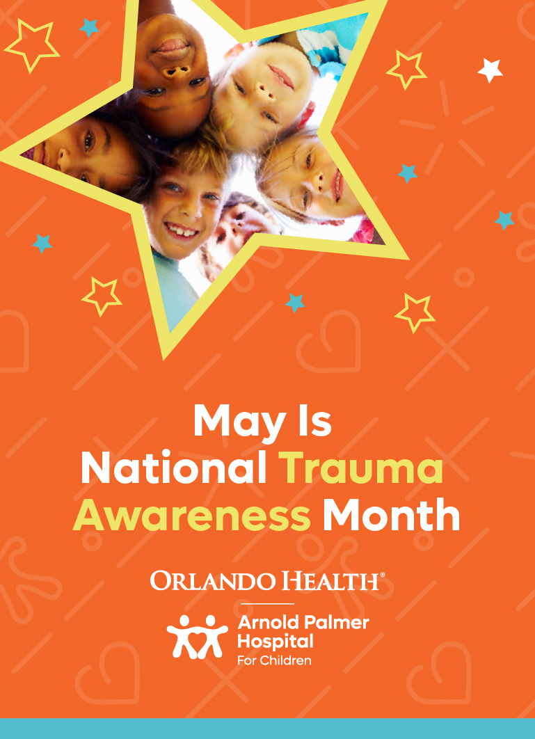 5 kids smiling through a star cut out with text to the bottom saying 'May Is National Trauma Awareness Month'