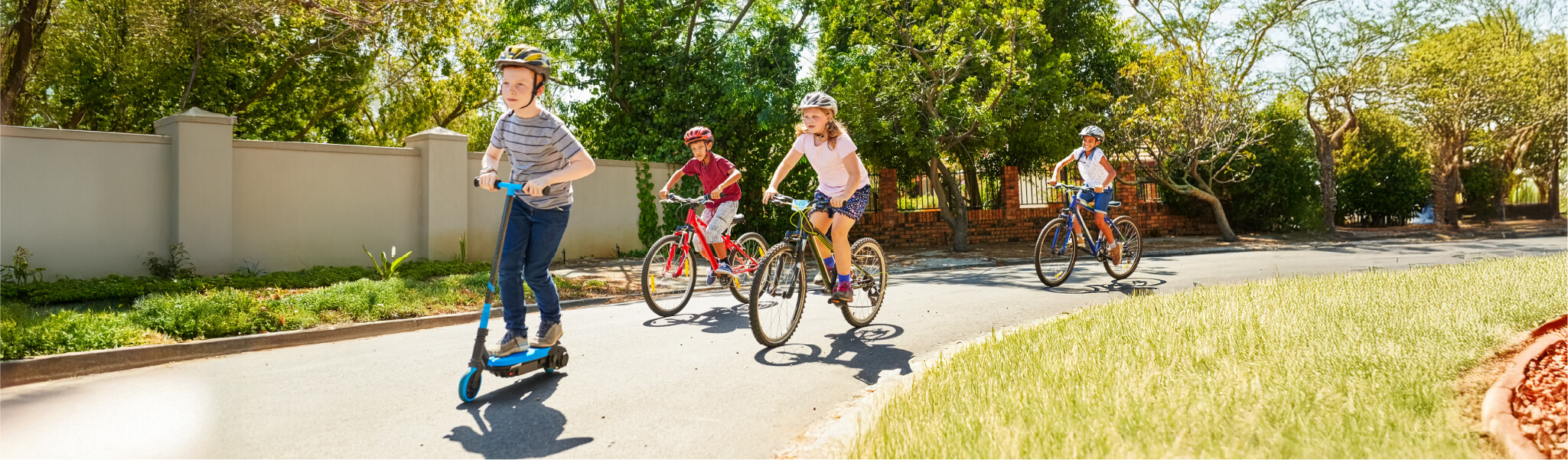 4 children riding bikes through a park