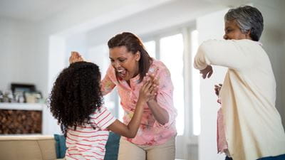 Family dancing in living room