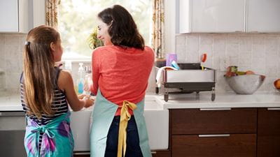 Mother and daughter washing hands